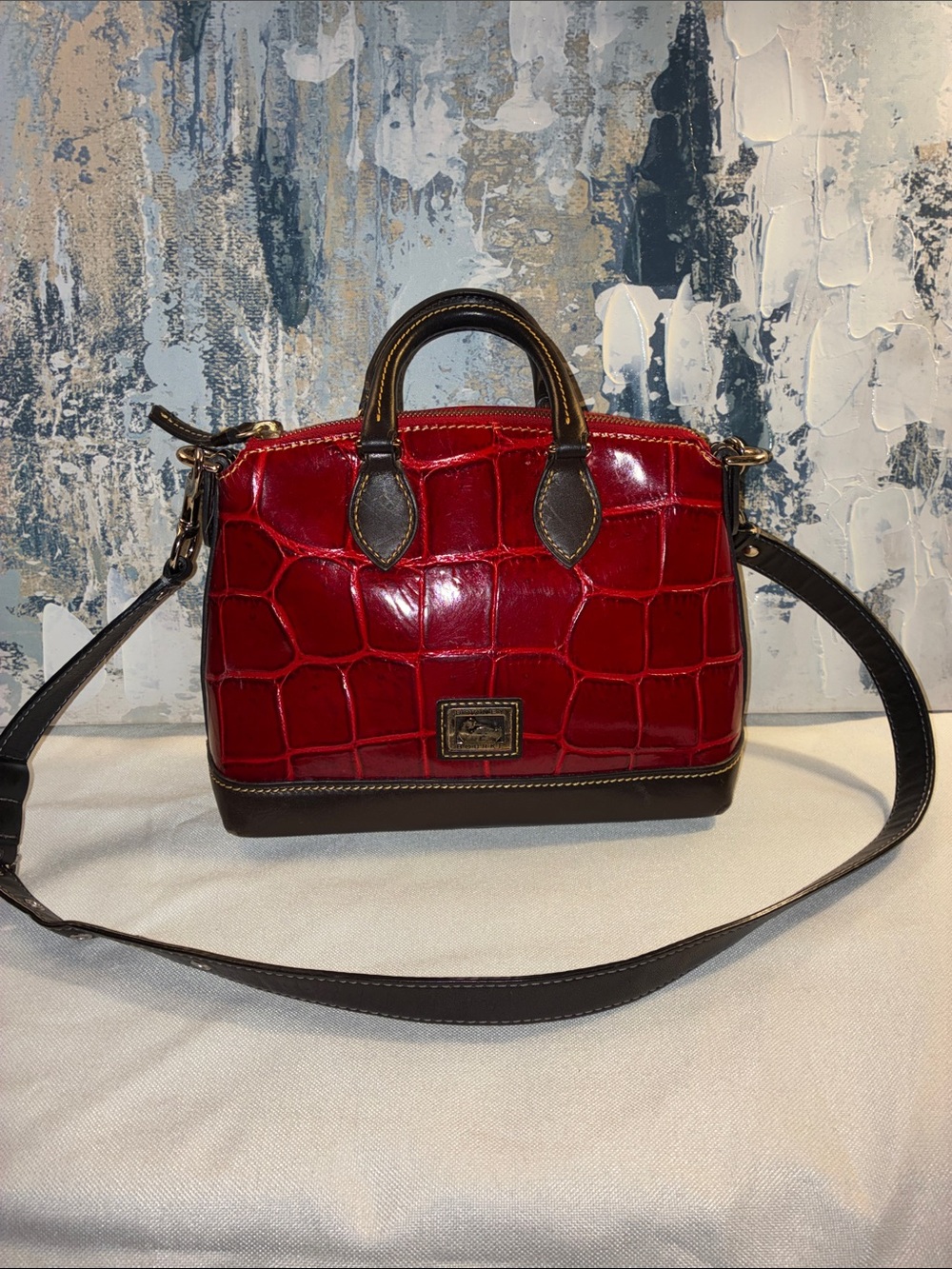 Genuine Doone & Bourke Red Small Croc-Embossed Dome Satchel with Brown Trim